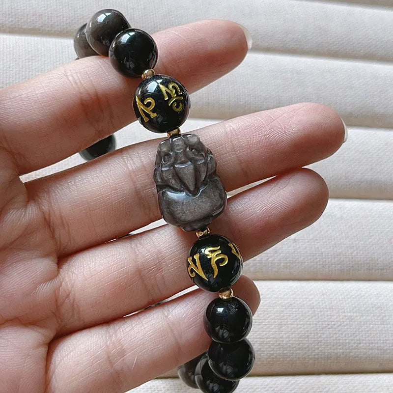Men's silverstone beaded bracelet with Chinese zodiac motifs and engraved proverbs on adjustable 20cm band
