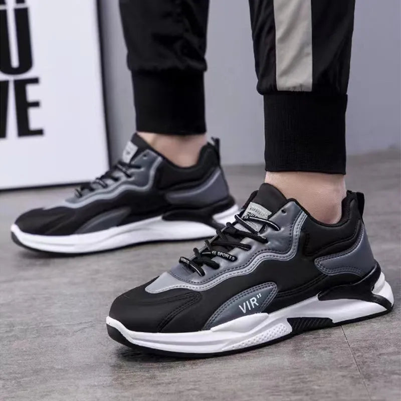 Men's black white lightweight breathable synthetic leather lace-up casual sneakers with round toe