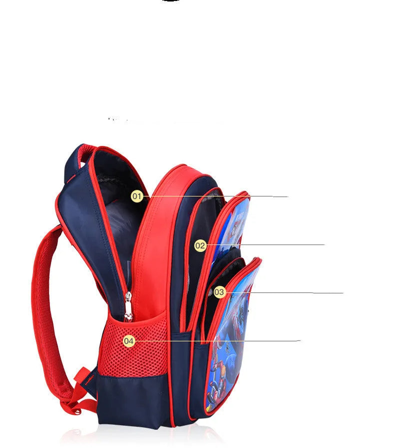 Blue children's cartoon print backpack with pencil case, shown from the side.