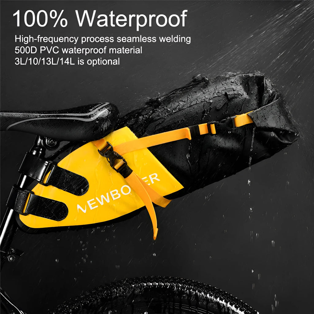 Waterproof PVC bicycle tail bag in black, green or yellow with 13L capacity