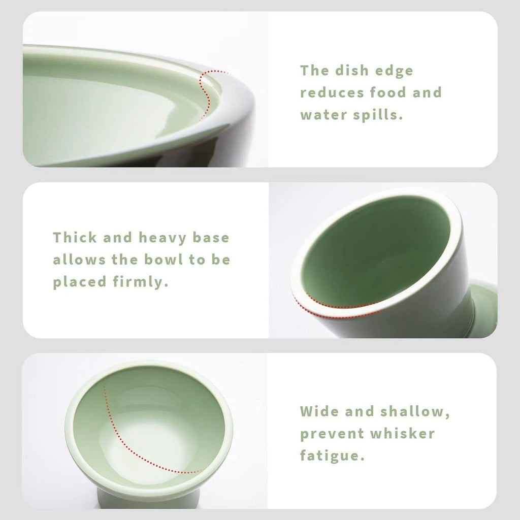 Blue ceramic elevated cat food bowl with wide shallow dish on a white surface.
