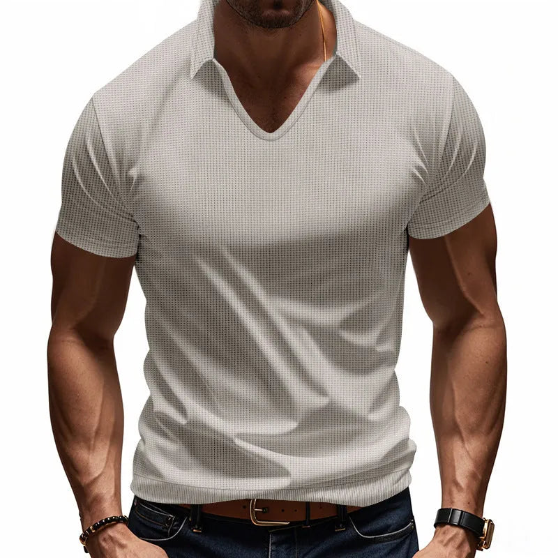 Men's loose fit V-neck T-shirt in apricot colour with short sleeves and cotton blend fabric