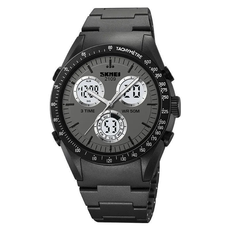 Electronic casual watch with camouflage pattern, resin crystal, and stainless steel button on TPU strap