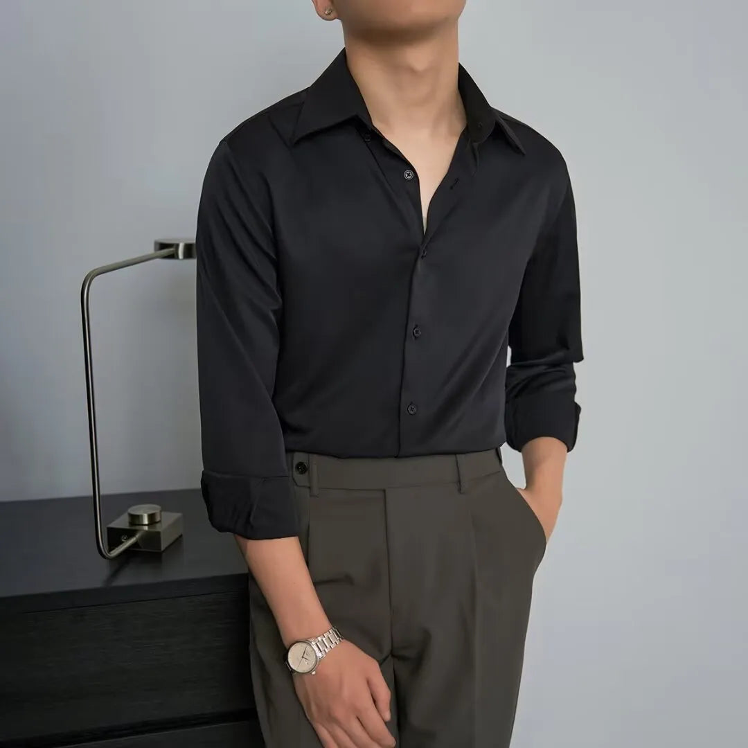 Man wearing a black slim-fit long sleeve cardigan shirt with a Korean-style design.