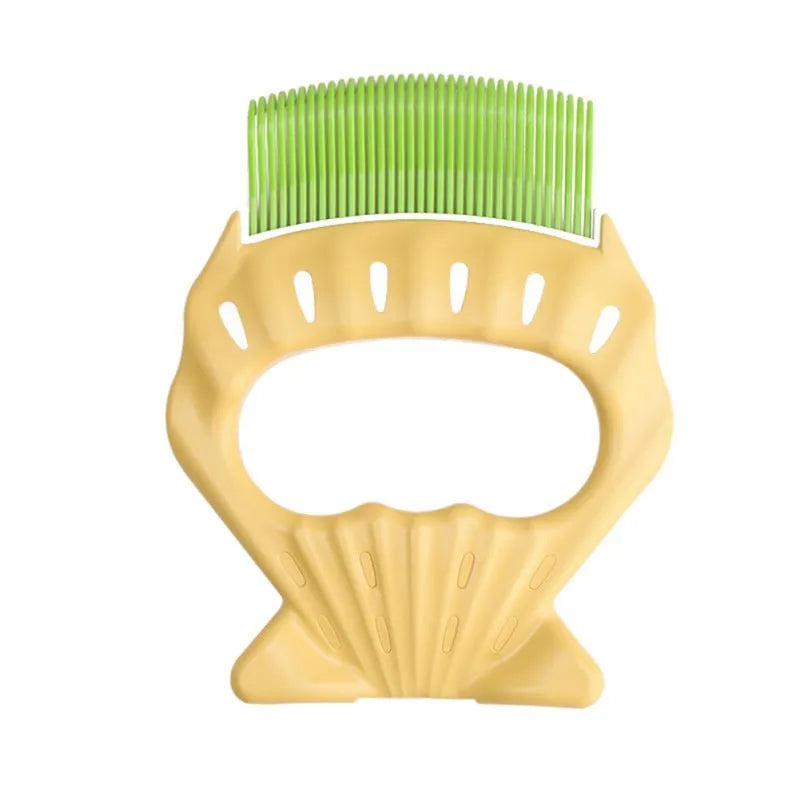 Shell-shaped pet grooming brush for dogs and cats in green colour with anti-slip handle
