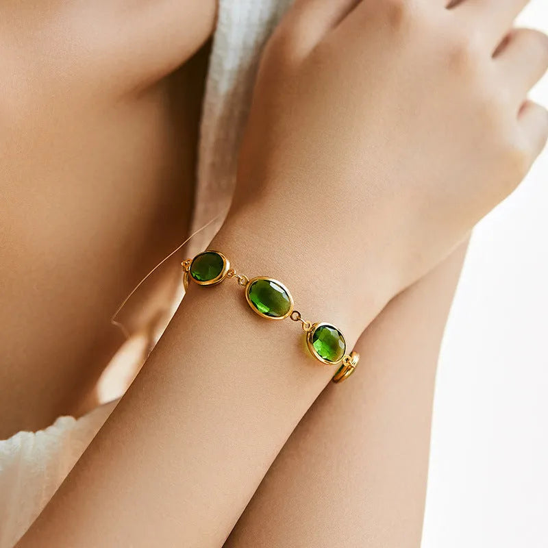 Women's geometric ellipse bracelet with glass inlay embroidery on 18K copper in blue colour option