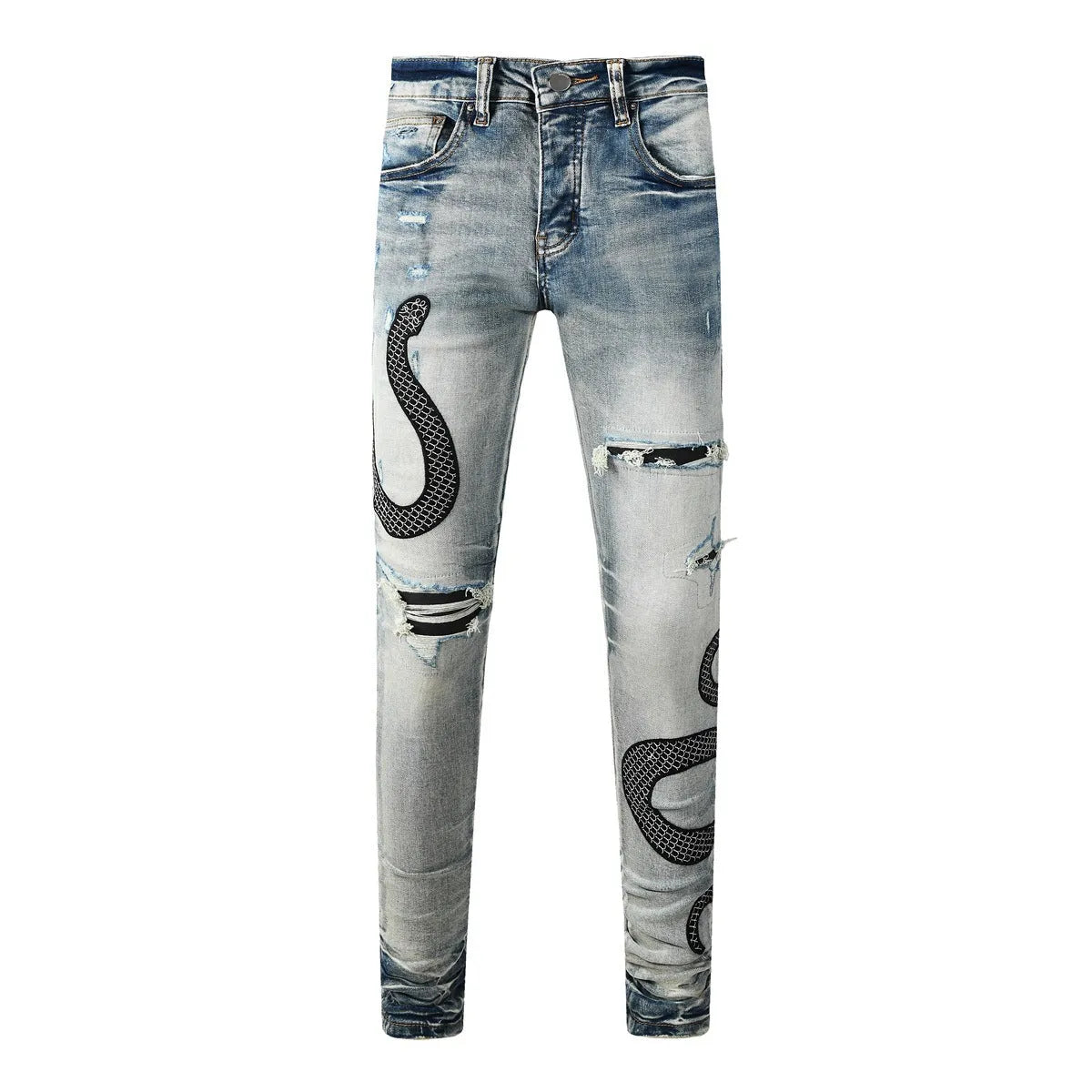 Distressed blue skinny jeans with wash detailing and button fly on mid waist design