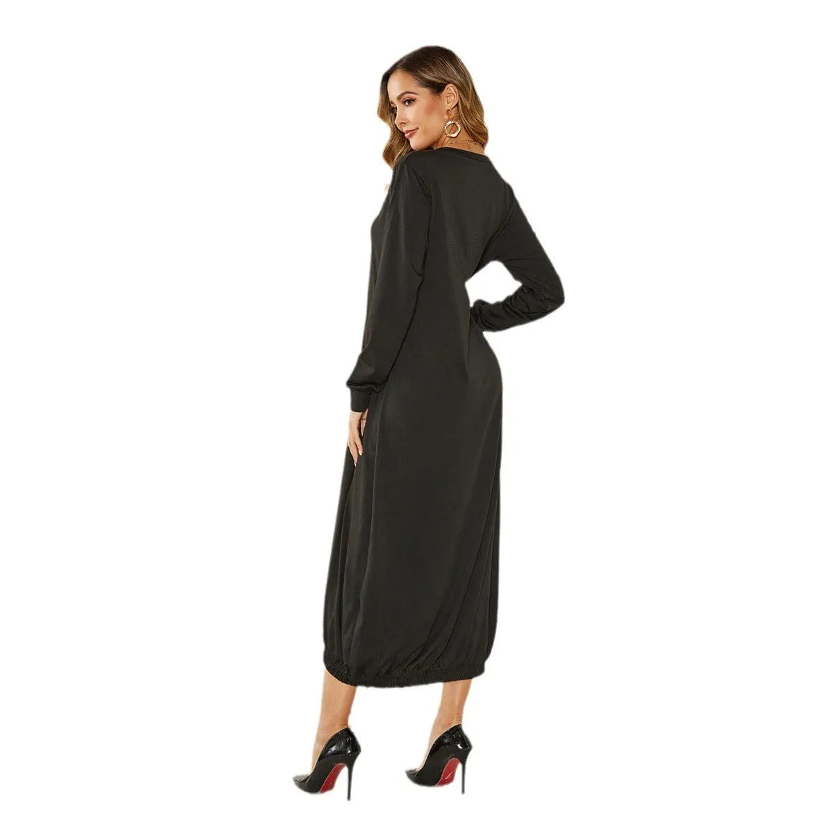 Black lantern dress with lace-up crew neck and loose long silhouette