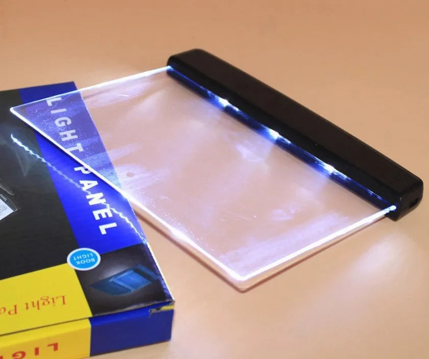 White flat-panel night vision reading lamp on a table, 14.8cm x 17.6cm x 1.5cm