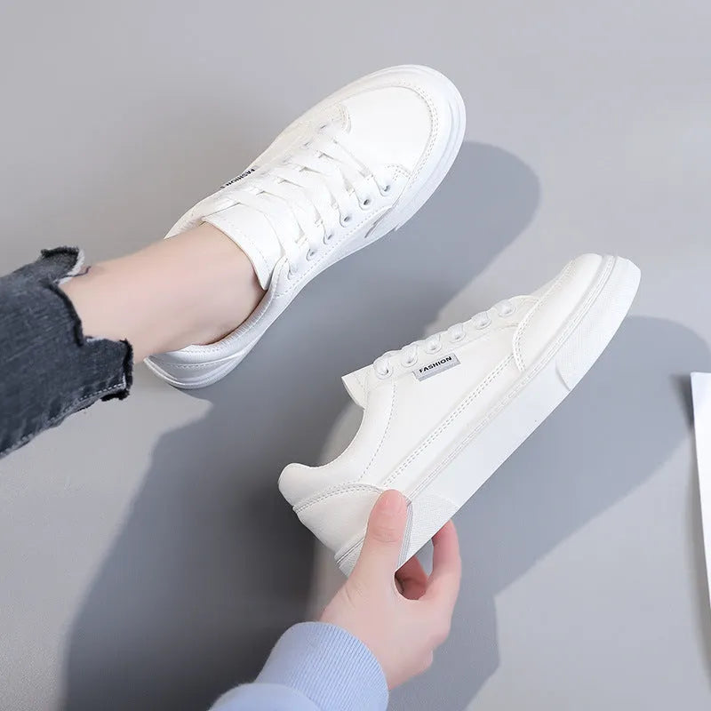 Korean style low top women's sneakers in white and brown with artificial PU upper