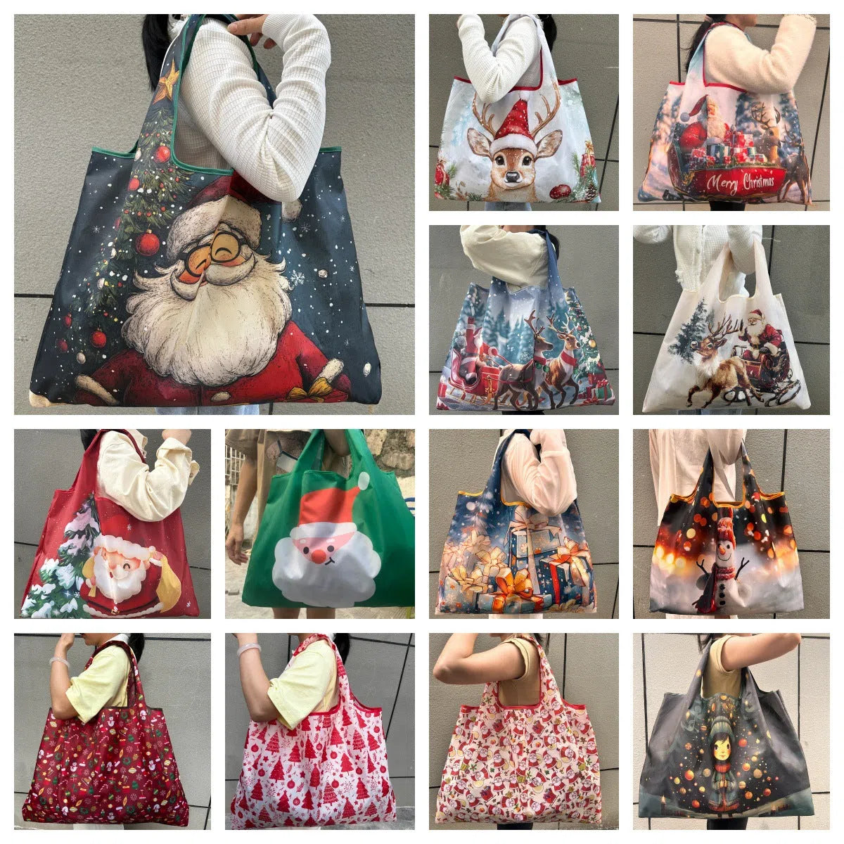 One-shoulder Santa Claus gift bag in red with festive design, large polyester bag with Santa pattern