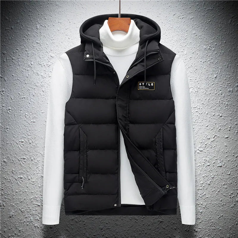 Men's fashion vest sleeveless down jacket in black, high-waist cut, acrylic fabric