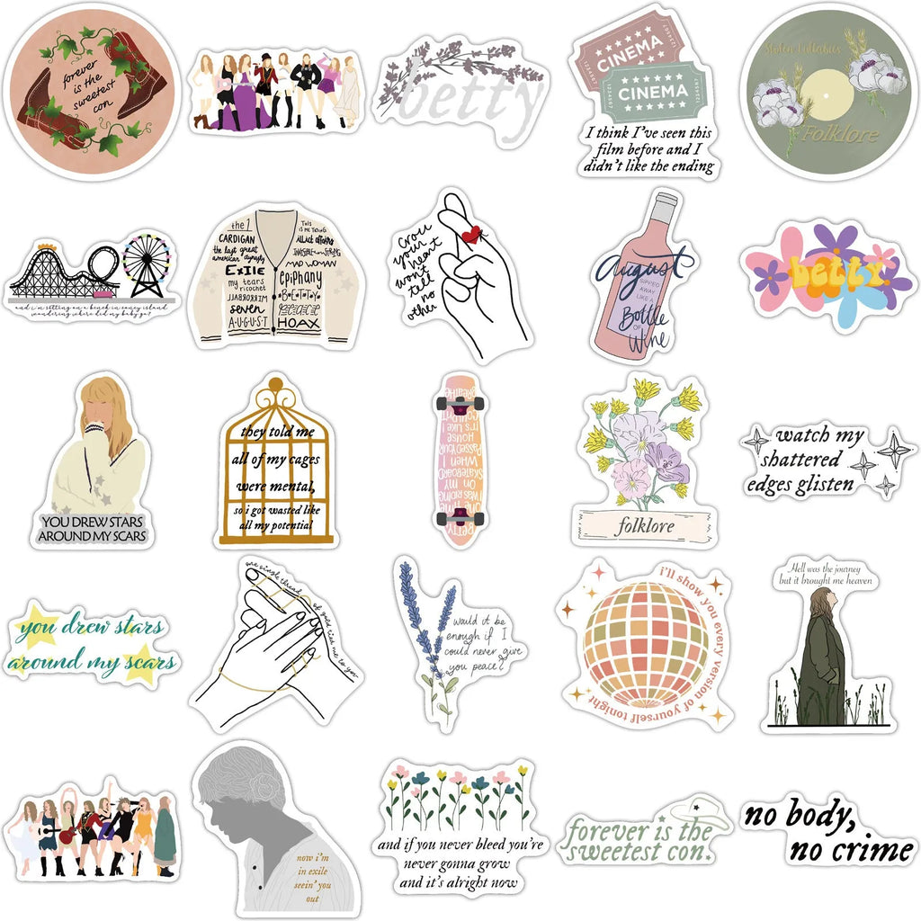 50 cartoon and graffiti colour waterproof adhesive stickers from the mildew album series, each 4-6cm long.