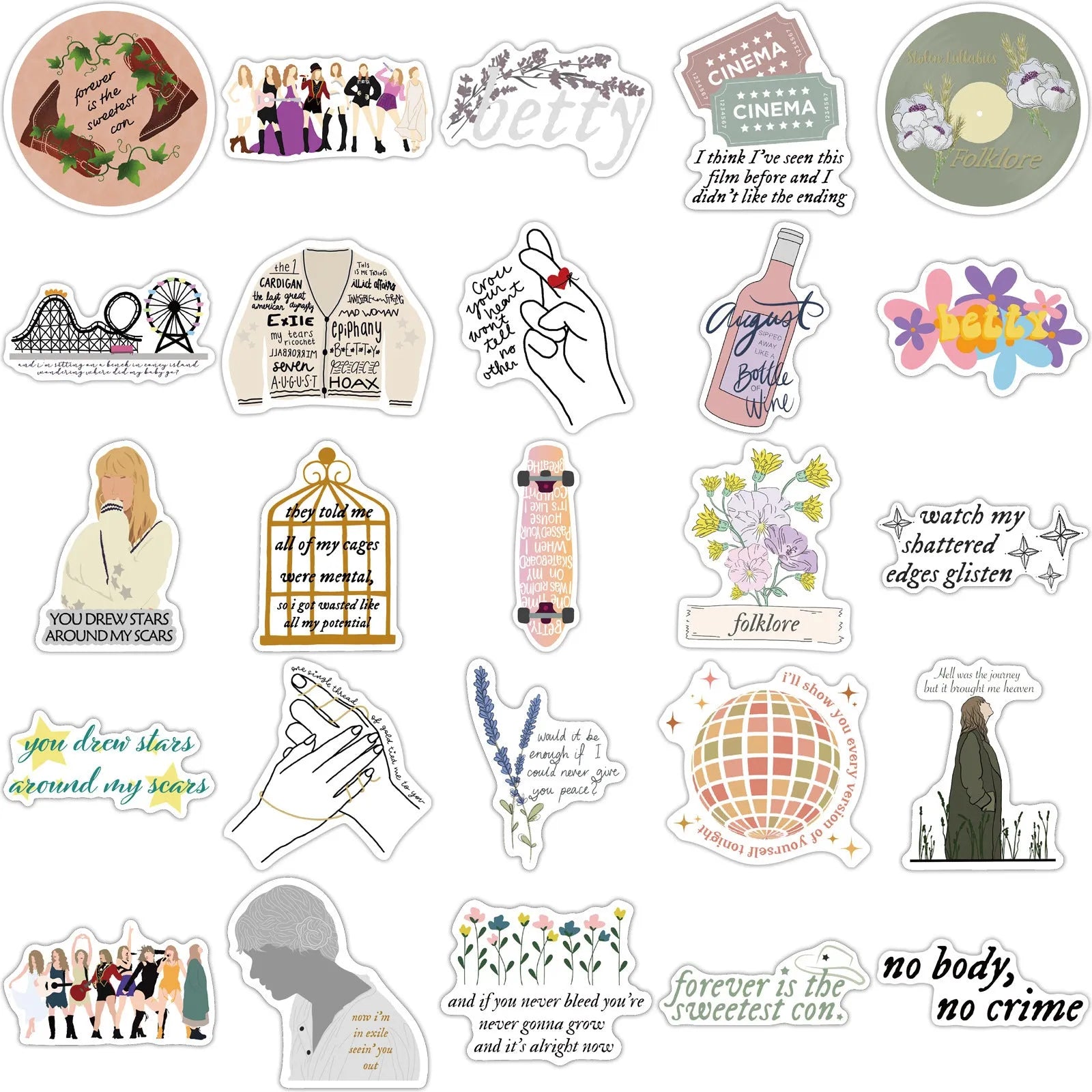 50 cartoon and graffiti colour waterproof adhesive stickers from the mildew album series, each 4-6cm long.