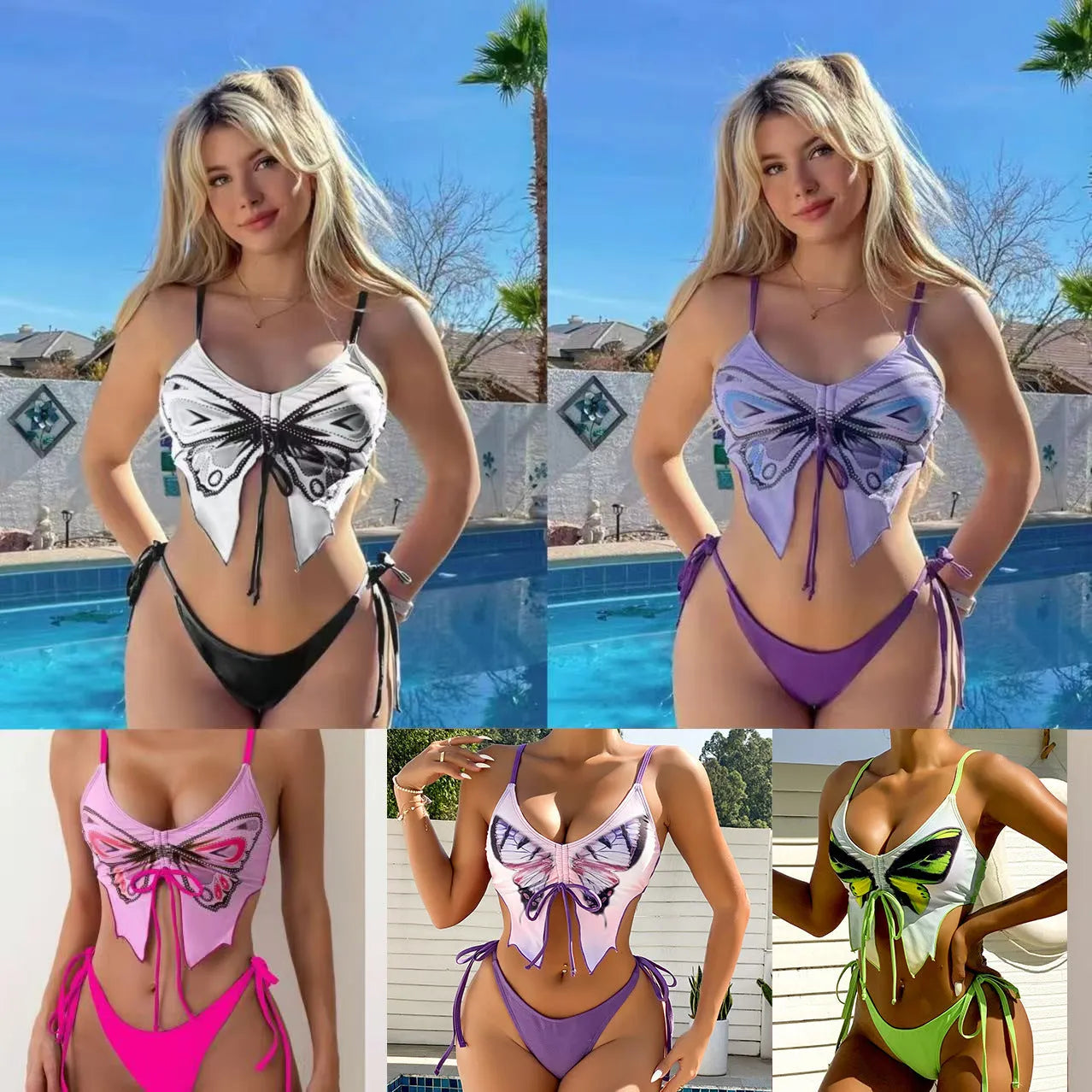 Women's purple bow ins style split bikini set with briefs, on a mannequin.
