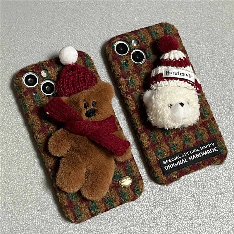 Red plush plaid cartoon bear drop-resistant phone case for Apple iPhone with scarf detail