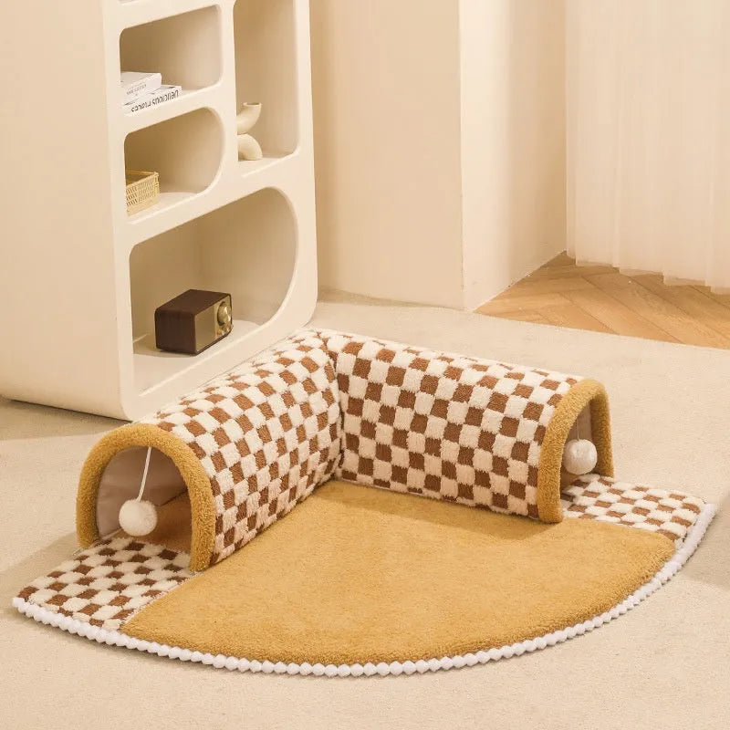 Plush plaid cat tunnel bed with central mat in brown or yellow, XL size 80cm
