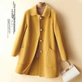 Women's wool double-faced coat with pearl buckle, mid-length, solid colour, long sleeves, black