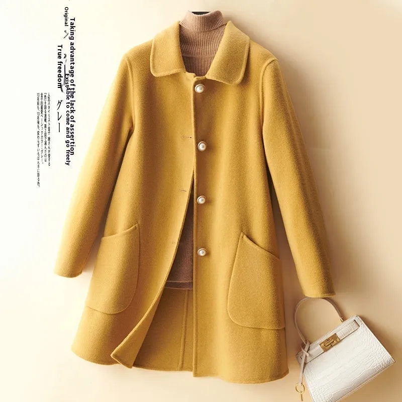 Women's wool double-faced coat with pearl buckle, mid-length, solid colour, long sleeves, black