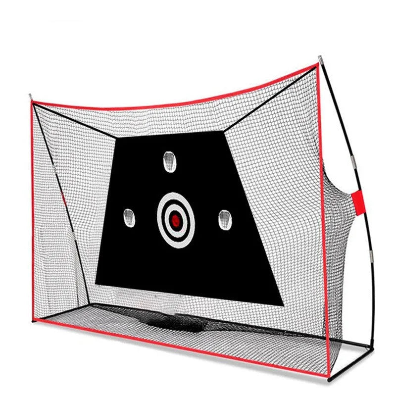 Golf swing wedge training net with three-hole cross design and straw putting mat