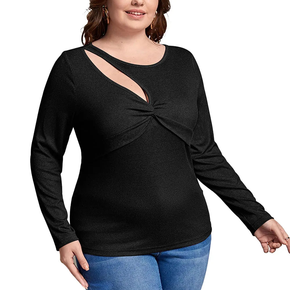 Women's slim-fit black knit pullover top with hollow-out design and long sleeves