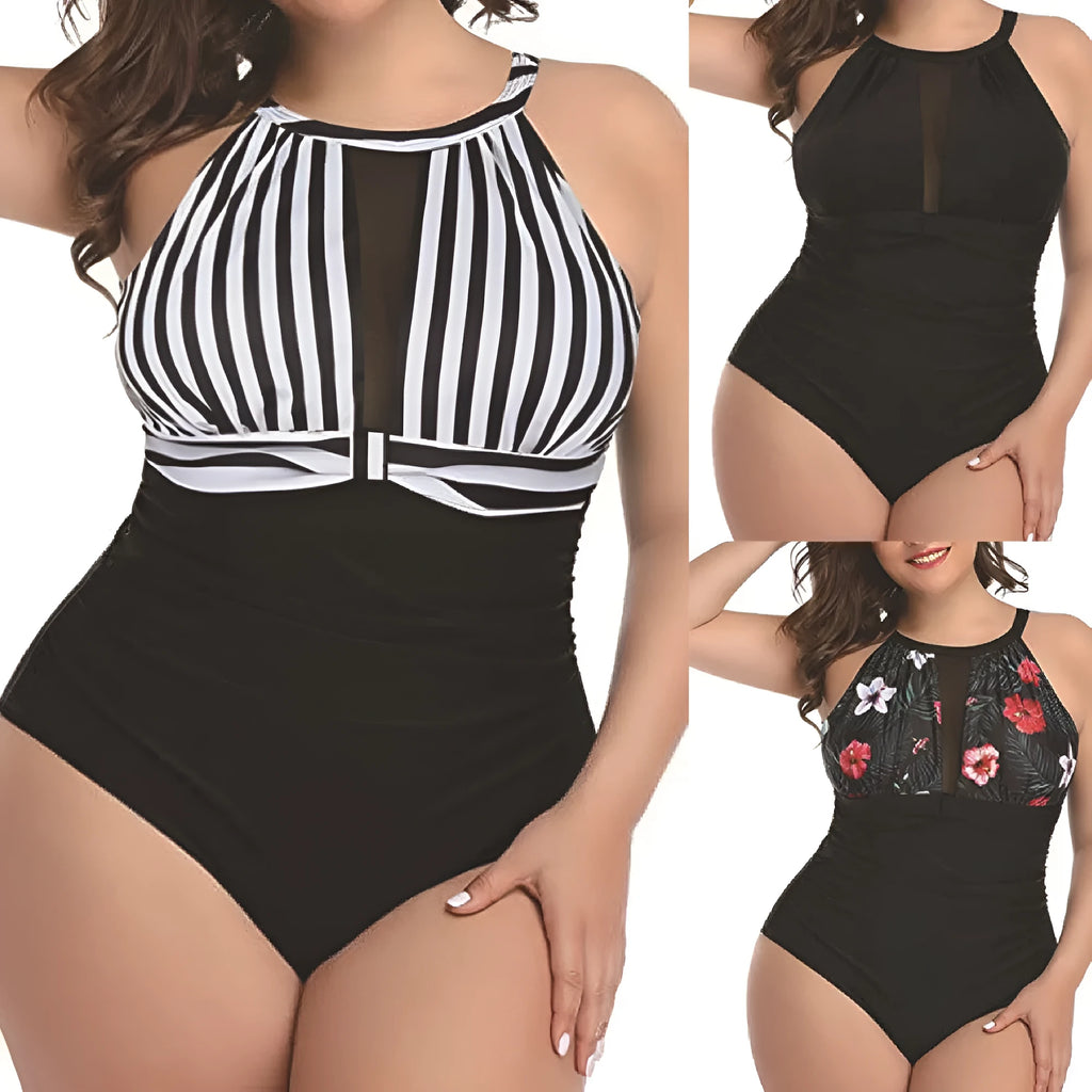 Women's solid colour, floral, and striped one-piece swimsuit in sizes L to 4XL