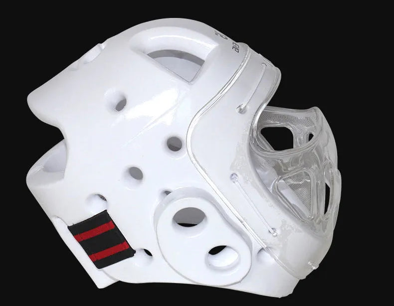 A blue, red, or white karate helmet for boxing head protection, shown in sizes S, M, L, and XL.
