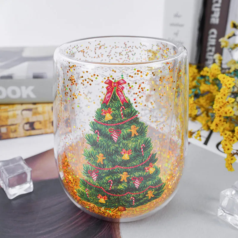 Christmas tree glass tumbler, 380ml double-layer borosilicate glass cup with flowing sequins, 8.6cm x 11.8cm