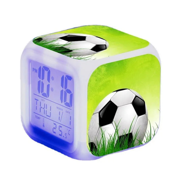 Football pattern square alarm clock with digital display and mute alarm function for student children