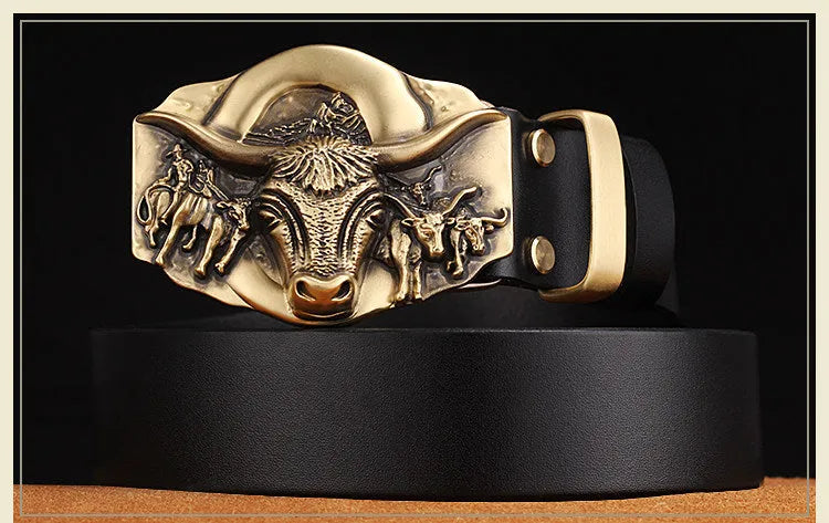 Cowhide leather belt with copper smooth buckle in black colour glossy finish
