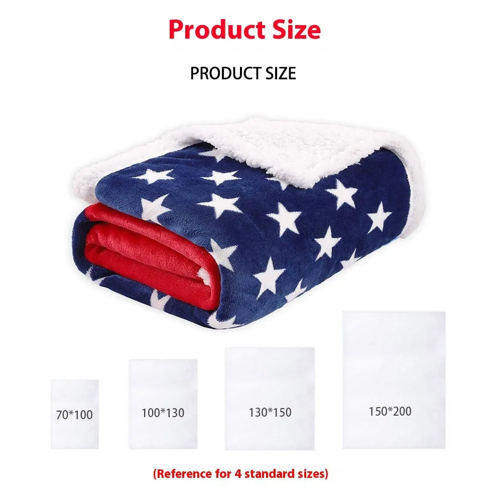 British style striped polyester blanket in vacuum shrink packaging showing three available sizes
