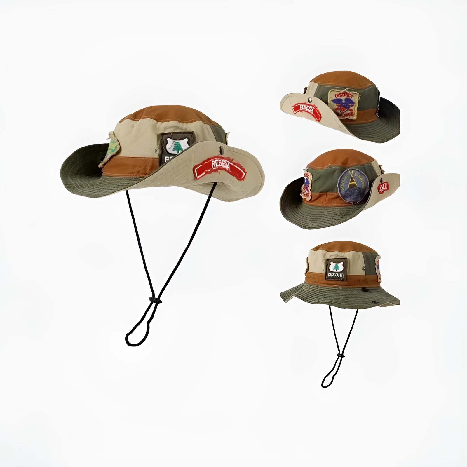 Army Green cotton foldable fisherman hat with retro patchwork and flat crown design