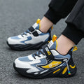 Boys' dark blue and light blue sports running shoes with Velcro strap and mesh upper.