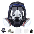 Blue edge spherical full face gas mask with trapezoidal canister and KN95 rating.
