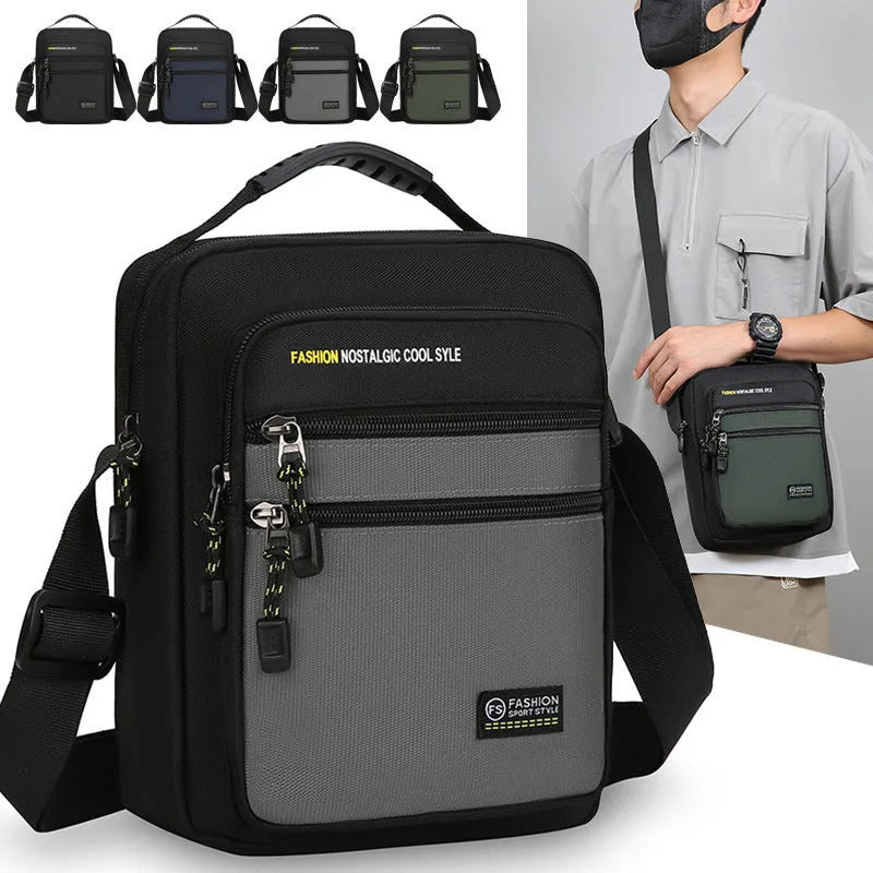Men's nylon crossbody bag in solid colour with sewing thread detail, shown in green.