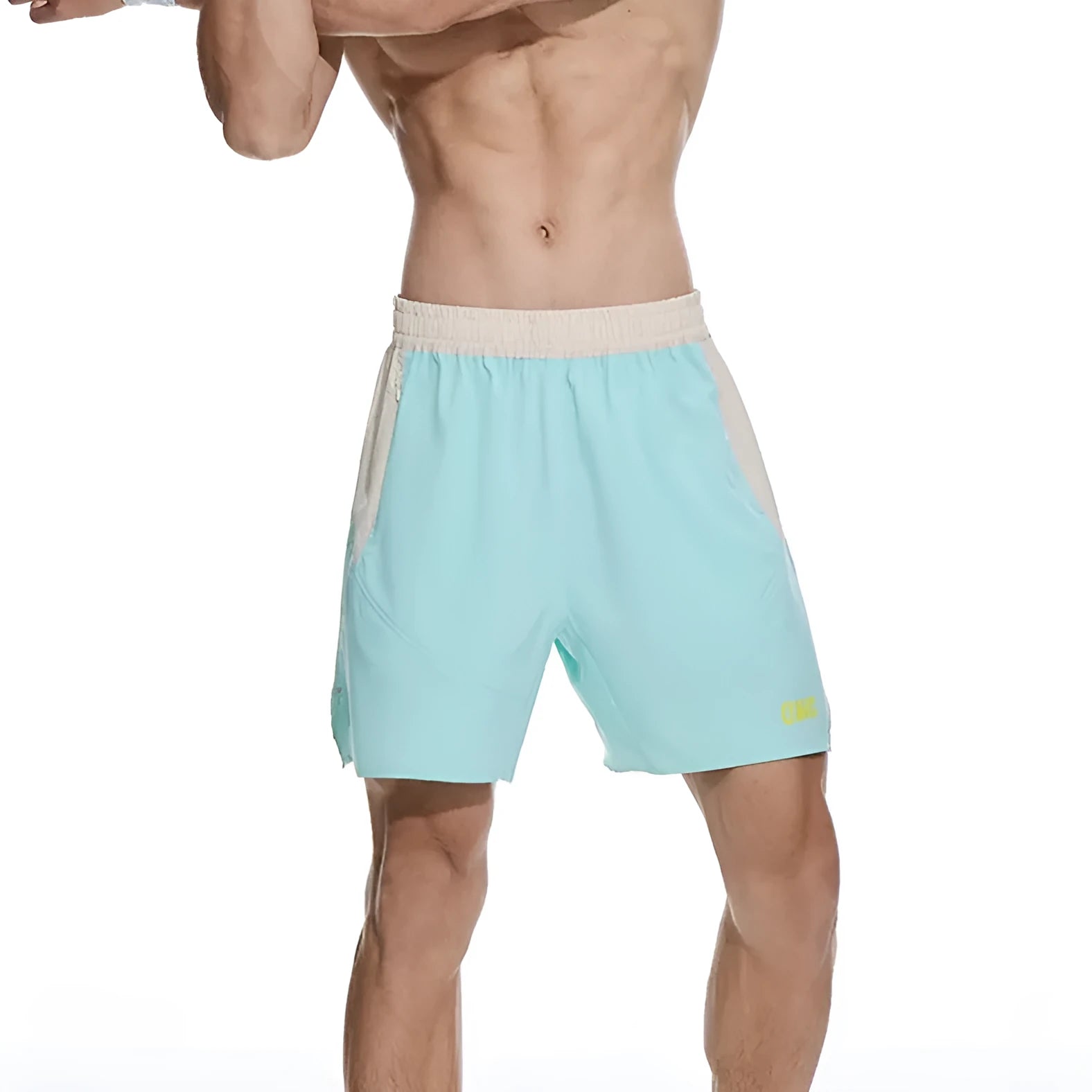 Man's loose grey workout shorts with elastic waist and lace-up fly, side view.