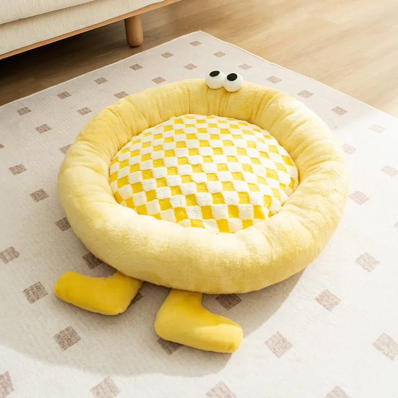 Blue plush kennel sleeping mat for dogs and cats with raised sides in a bear teddy nest design.