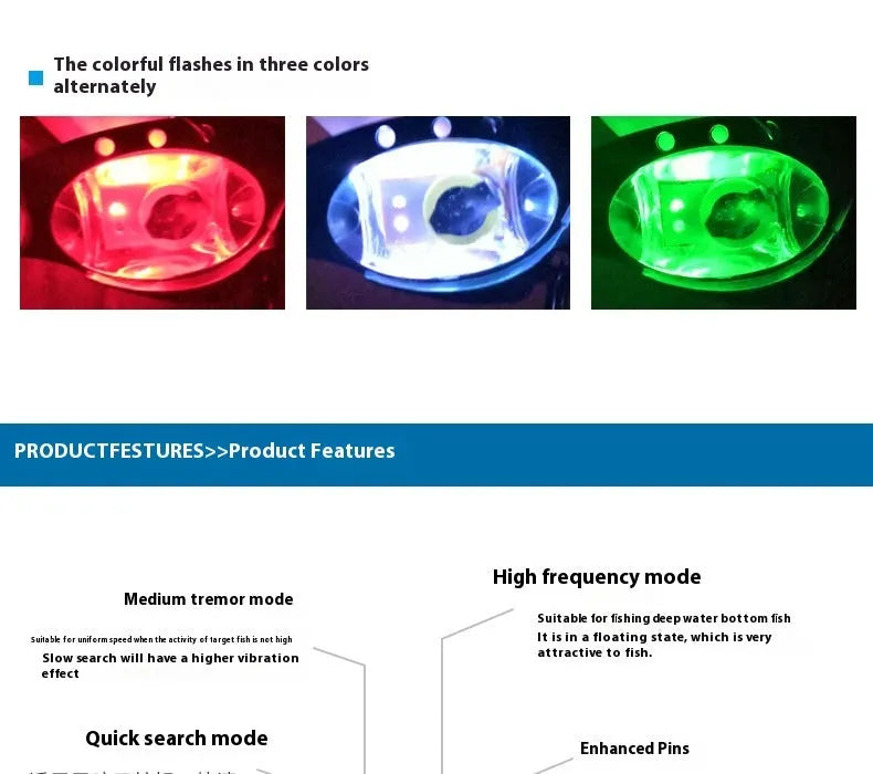 Luminous metal vib electronic fishing lure showing blue body and red body colour options