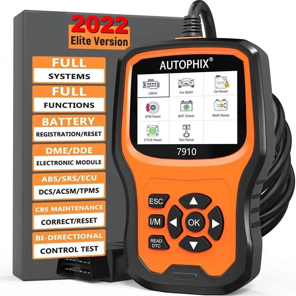 Autophix 7910 BMW OBD2 diagnostic scanner tool with display screen and connector cable for vehicle maintenance