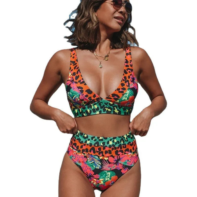 Women's high waist floral print bikini swimsuit set on a white background
