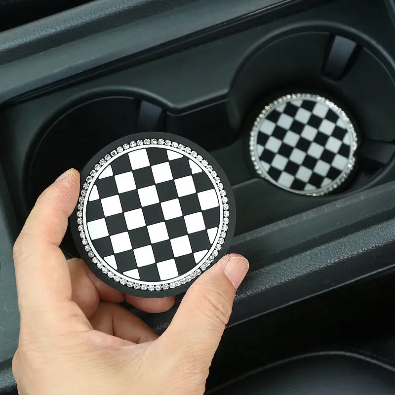 PVC universal non-slip car cup holder coaster mat in a checkerboard pattern.