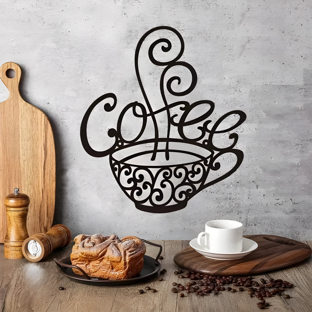 Black wrought iron wall decoration with English letters silhouette design measuring 26x28 cm