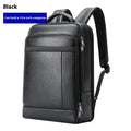 Black cowhide leather business backpack with USB charging port and curved shoulder straps