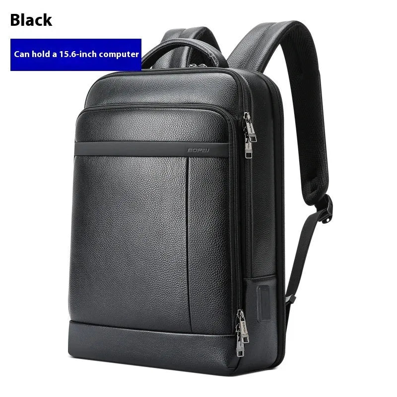 Black cowhide leather business backpack with USB charging port and curved shoulder straps