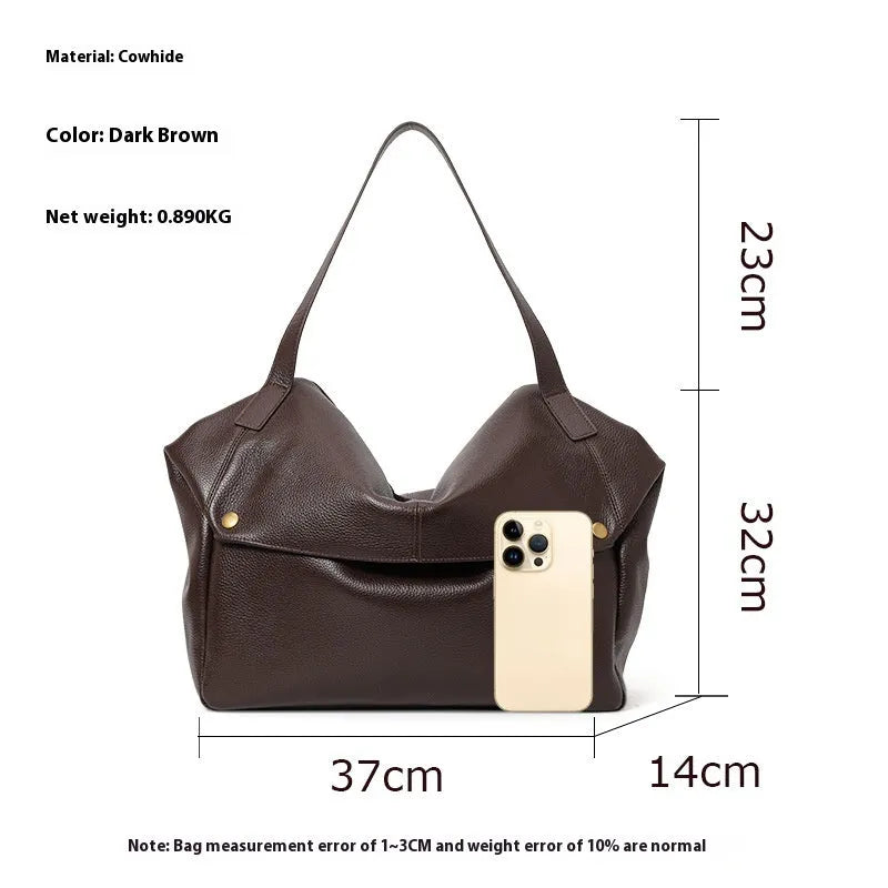 Brown genuine leather women's shoulder bag with horizontal square shape for commuting