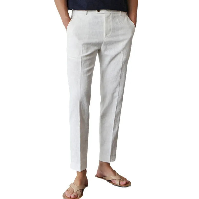 Men's cotton linen cropped straight-leg trousers in white, summer youth style with elastic waist