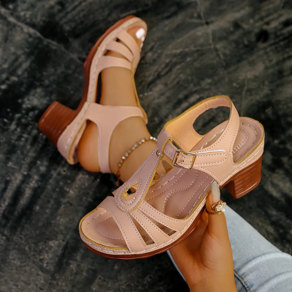 Women's peep toe wedge platform sandals in light brown with an adjustable buckle strap.