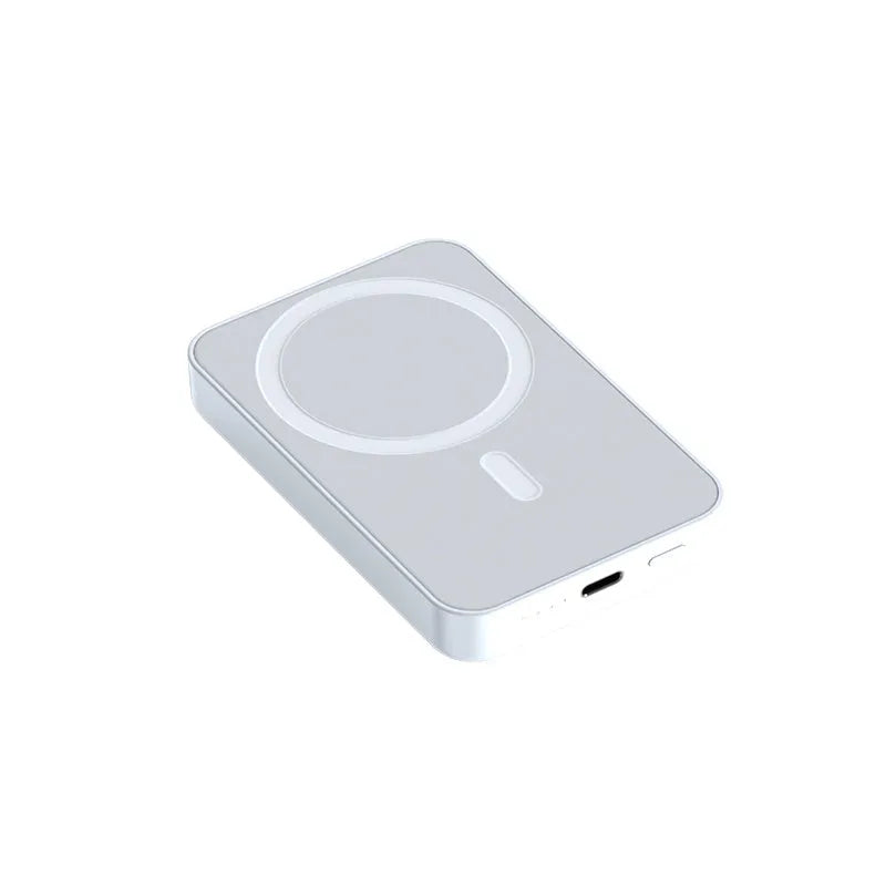 Pink wireless magnetic power bank showing dimensions and magnetic charging connector.