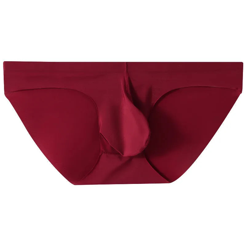 Men's black ice silk seamless briefs with a supportive front pouch on a grey background.