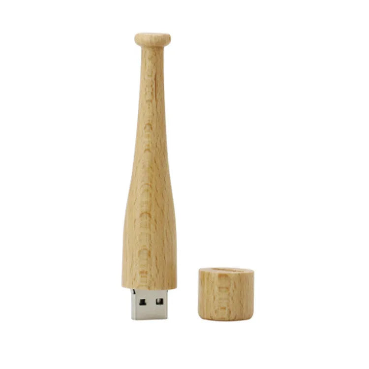 Wooden baseball bat USB flash drive with creative design and USB connector on a light background.